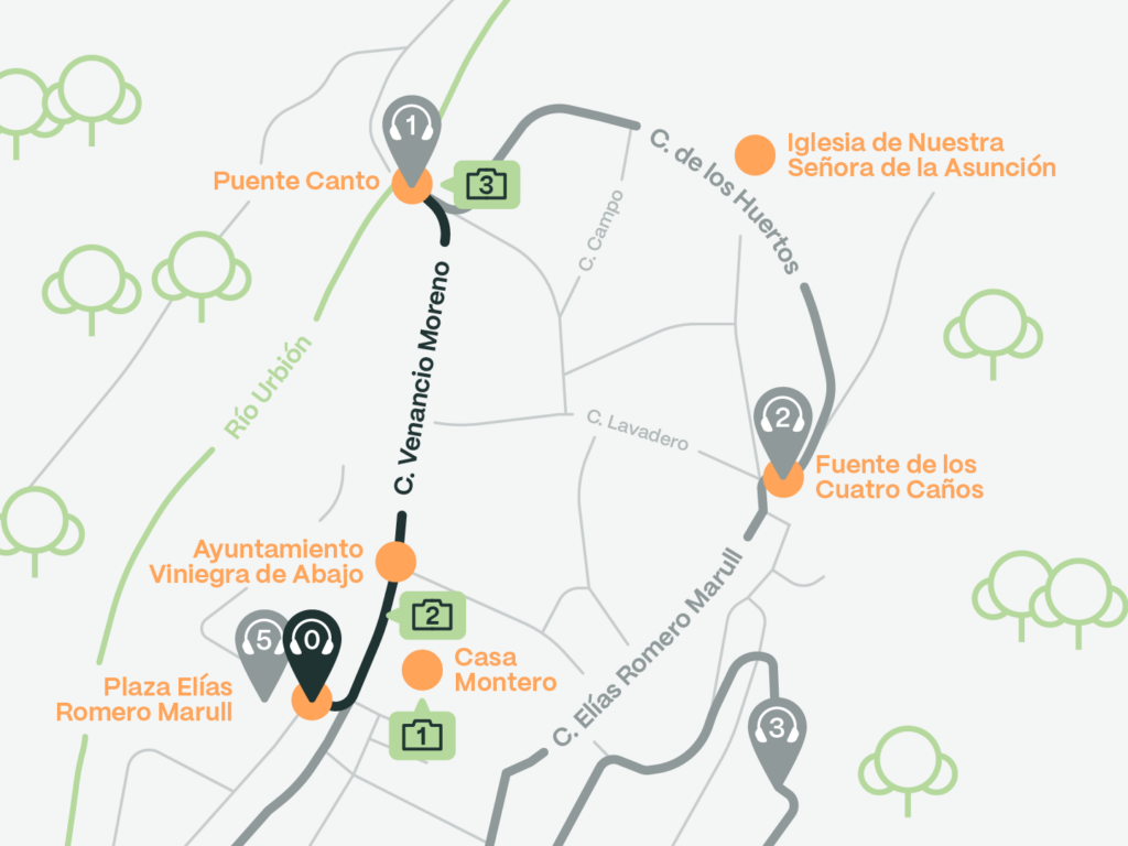 Mapa con indicaciones de la ubicación de los audios de la ruta guiada en Viniegra de Abajo