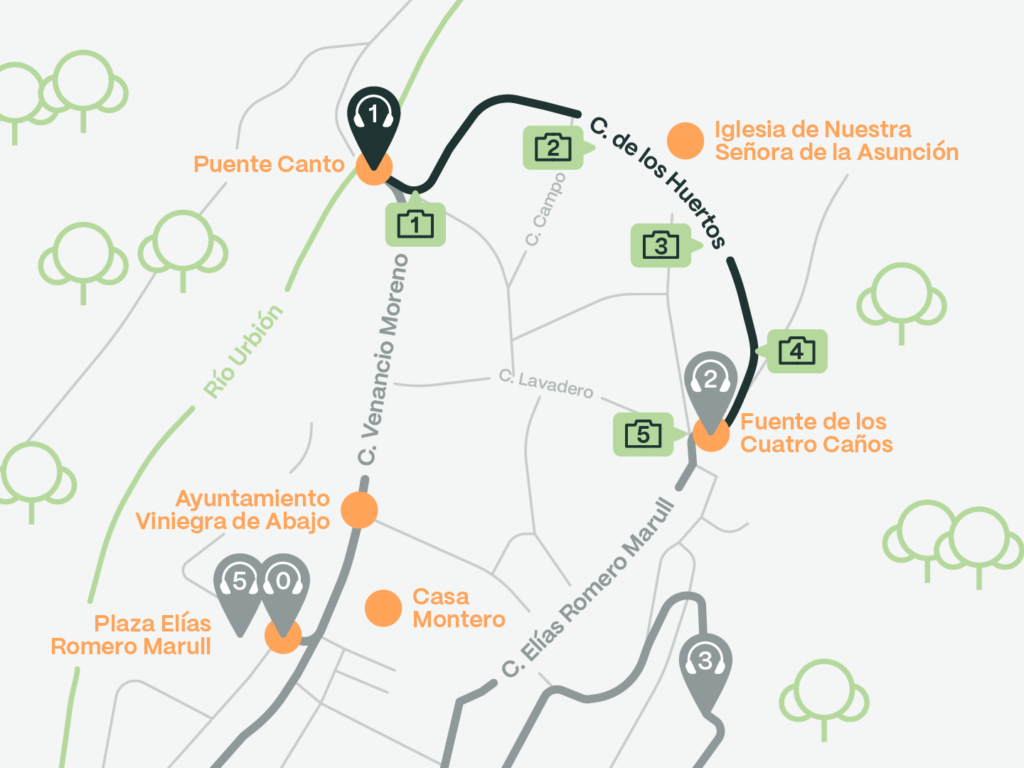 Mapa con indicaciones de la ubicación de los audios de la ruta guiada en Viniegra de Abajo