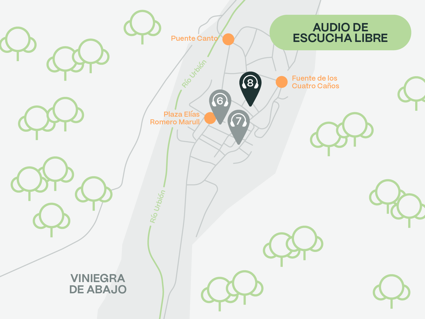 Mapa con indicaciones de la ubicación de los audios de la ruta guiada en Viniegra de Abajo