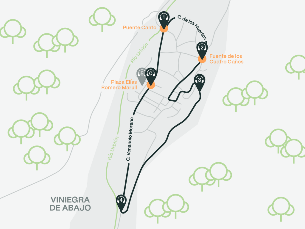 Mapa con indicaciones de la ubicación de los audios de la ruta guiada en Viniegra de Abajo